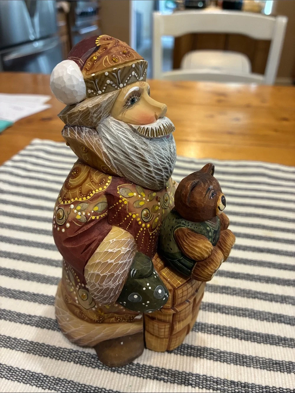 Hand-Painted Rustic Red Santa with Bear Holiday Figurine